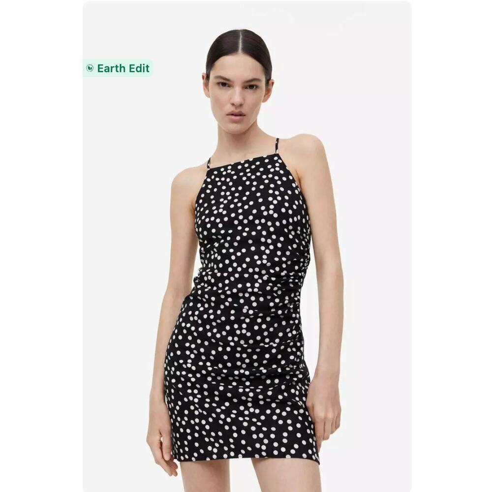 H&M Black and White Draped Polka Dot Square Neck Mini Casual Fitted Dress